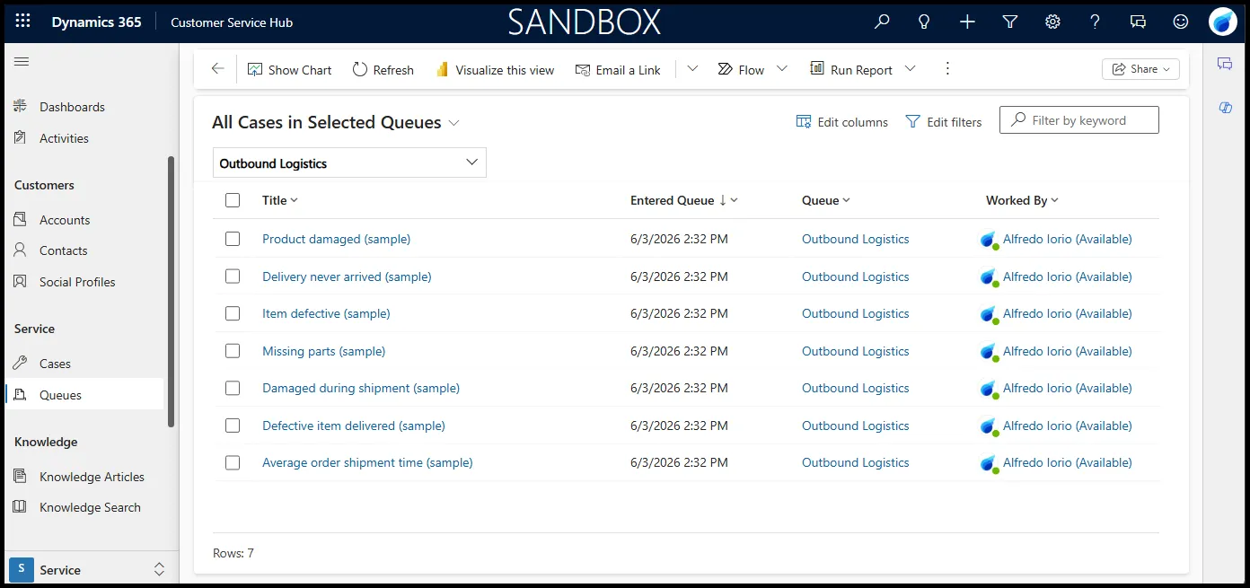 Dynamics 365 Customer Service queue showing items and the Pick, Release, Route, Remove actions