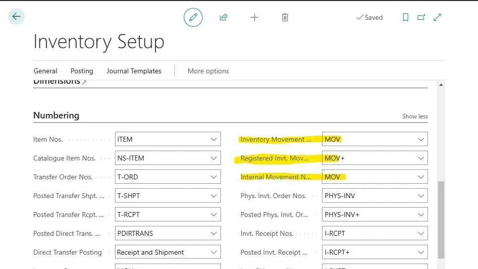 Inventory Setup page with the Inventory Movement, Registered Invt. Mov., and Internal Movement number series set