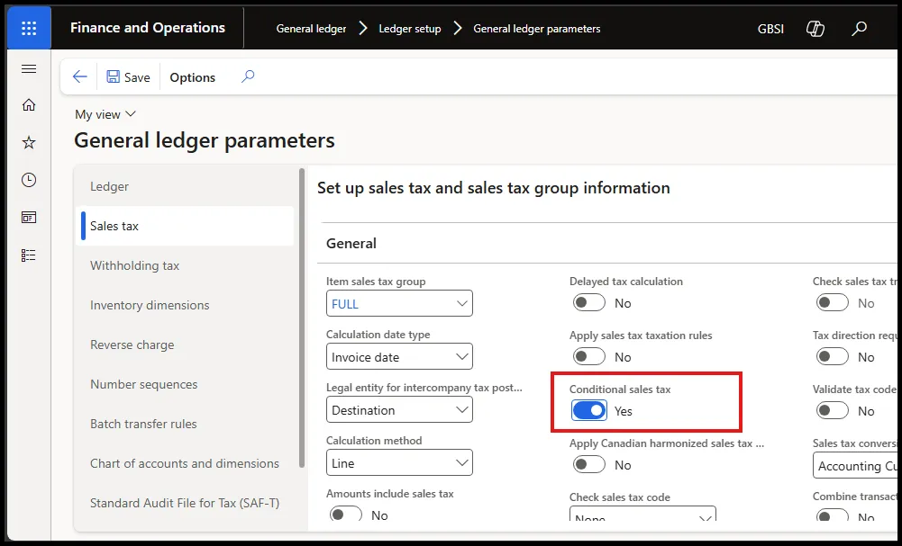 Conditional sales tax toggle set to Yes on the General ledger parameters Sales tax page