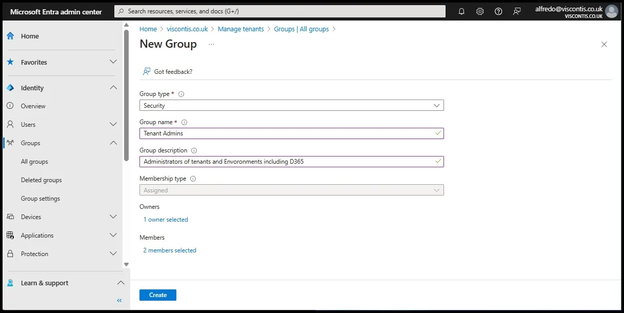 New Group form in Microsoft Entra admin center with Security group type and Tenant Admins as the group name