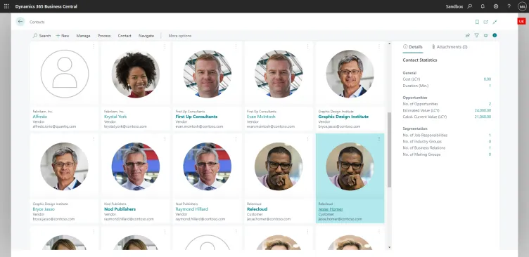 Contacts list in Business Central showing contact cards with photos, company names, and roles