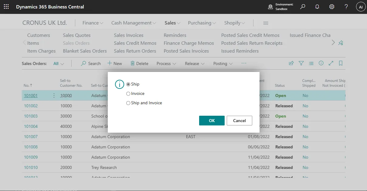 Post dialog on a sales order with Ship, Invoice, and Ship and Invoice options