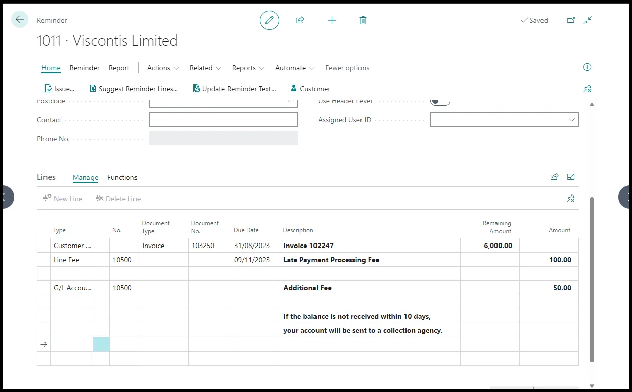 Customer reminder document in business central