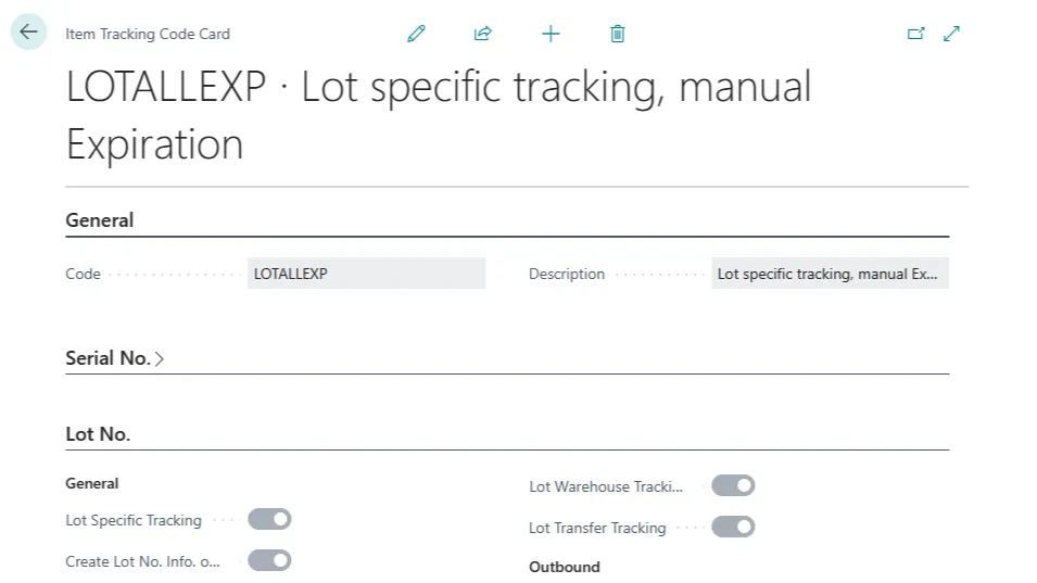 Item Tracking Code Card for LOTALLEXP showing Lot Specific Tracking and Lot Warehouse Tracking enabled
