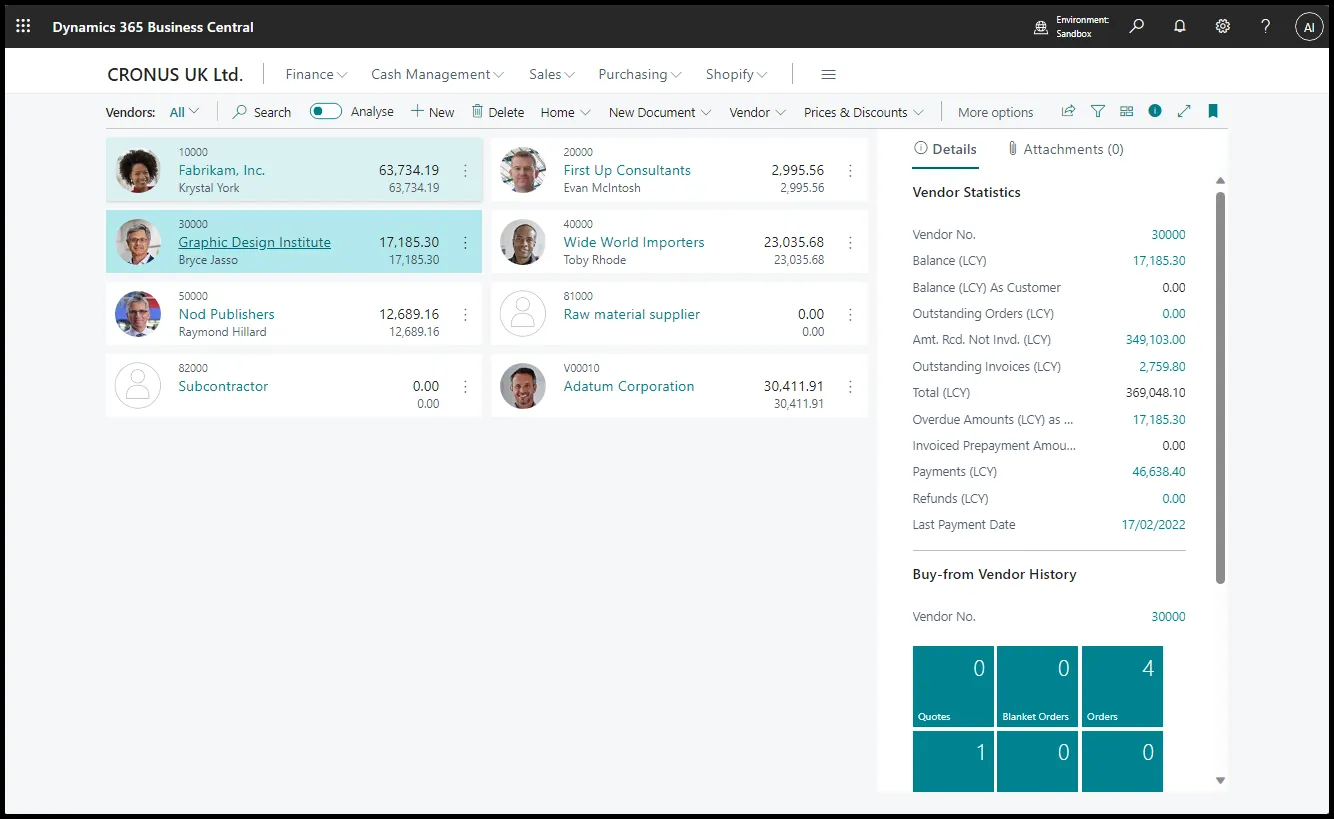 Vendors list in Business Central showing vendor names, balances and a Vendor Statistics FactBox