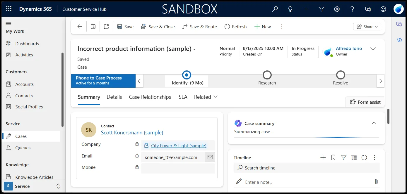 Case record in Dynamics 365 Customer Service Hub