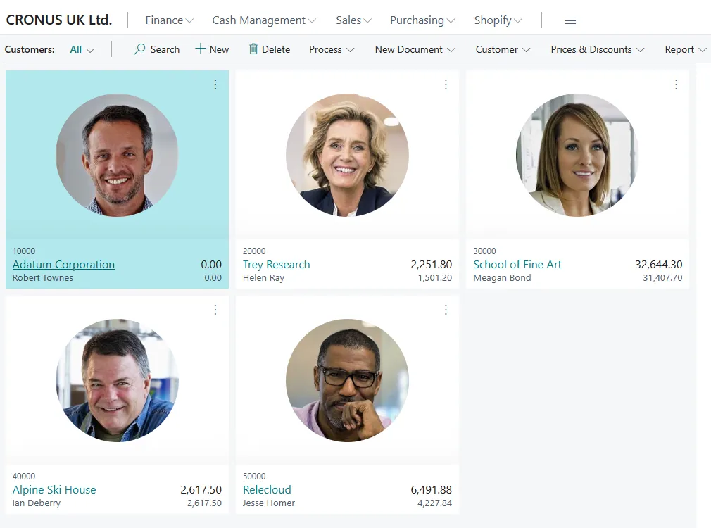 Customer list page in Business Central showing customer cards with balances and contact photos