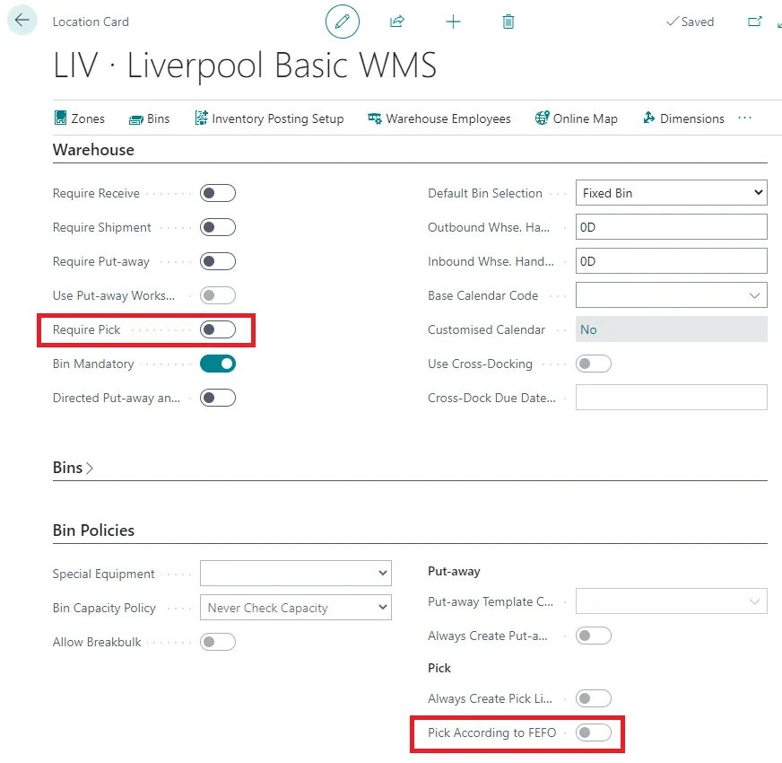 Enable FEFO picking the location card