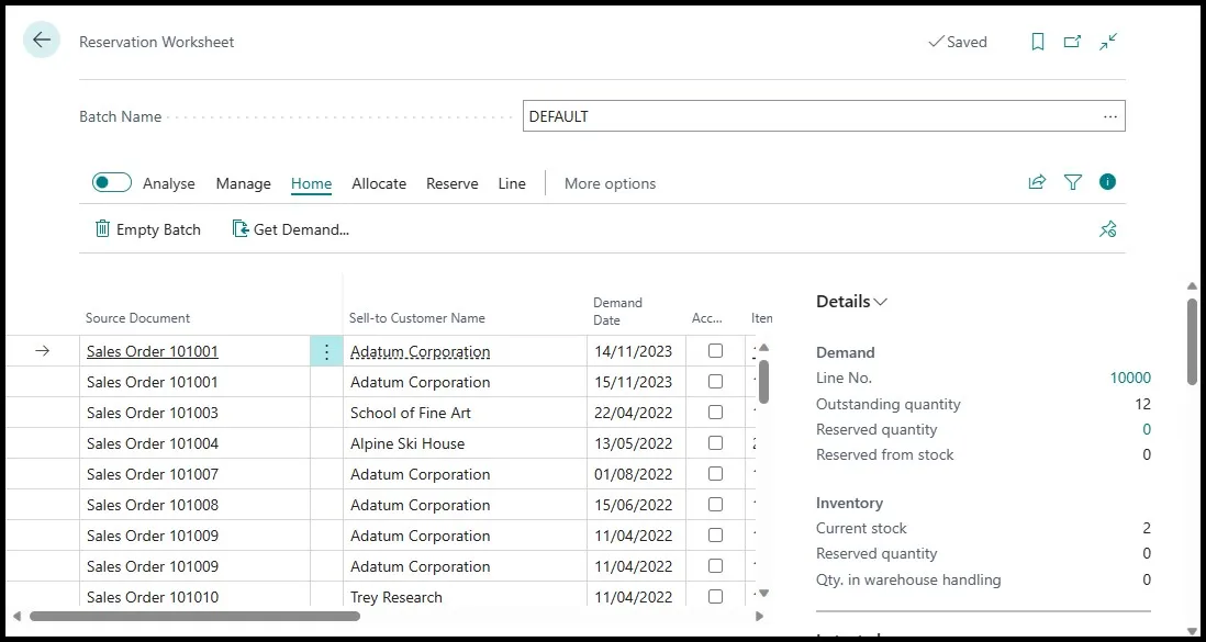 Reservation Worksheet list showing sales order demand lines with sell-to customer and demand date