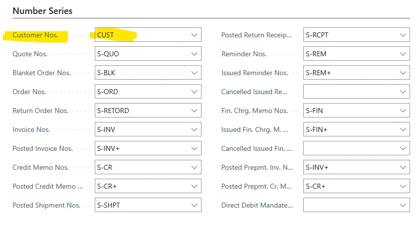 Sales &amp; Receivables Setup Number Series tab with the Customer Nos. field highlighted