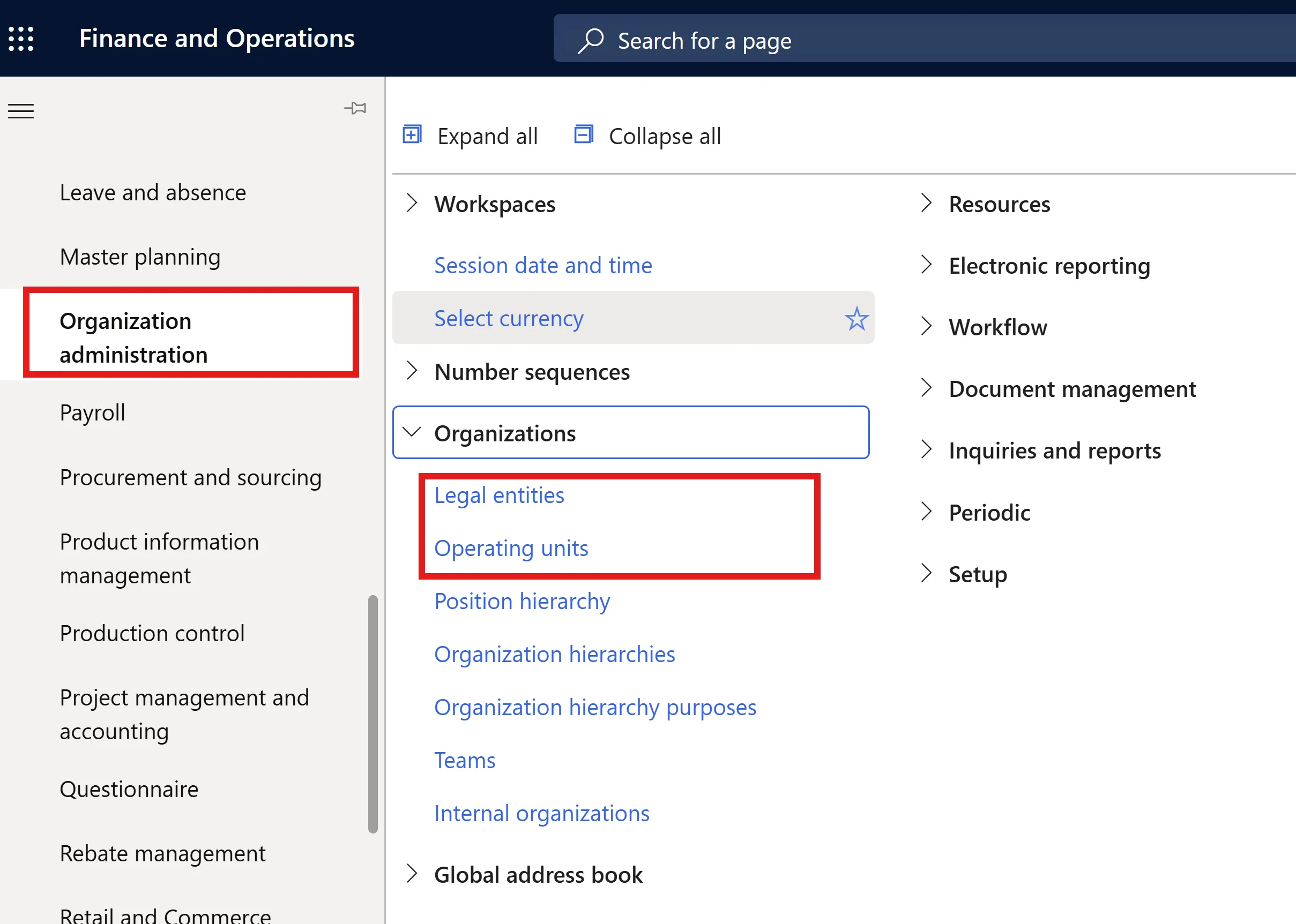 Organisation and Admin page