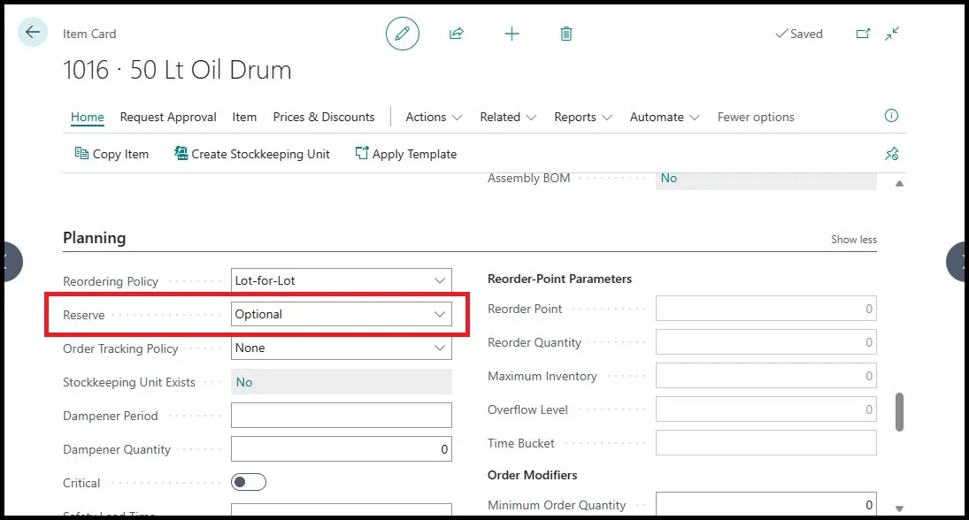 Item card Planning section with the Reserve field highlighted set to Optional