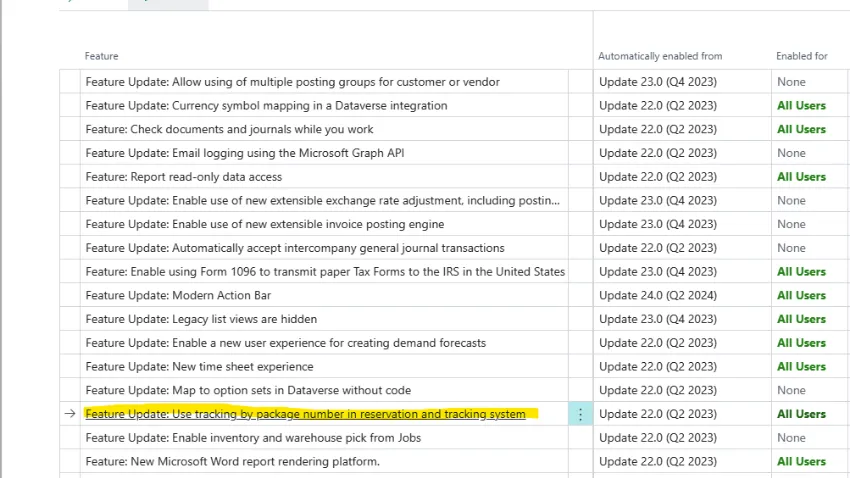 Feature Management page with the package number tracking feature highlighted