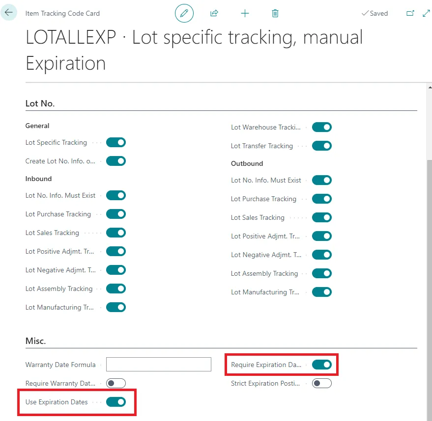 Item Tracking code with expiration date enabled