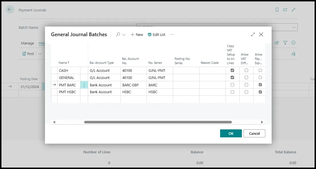 General Journal Batches list showing separate payment batches for cash, general and two bank accounts