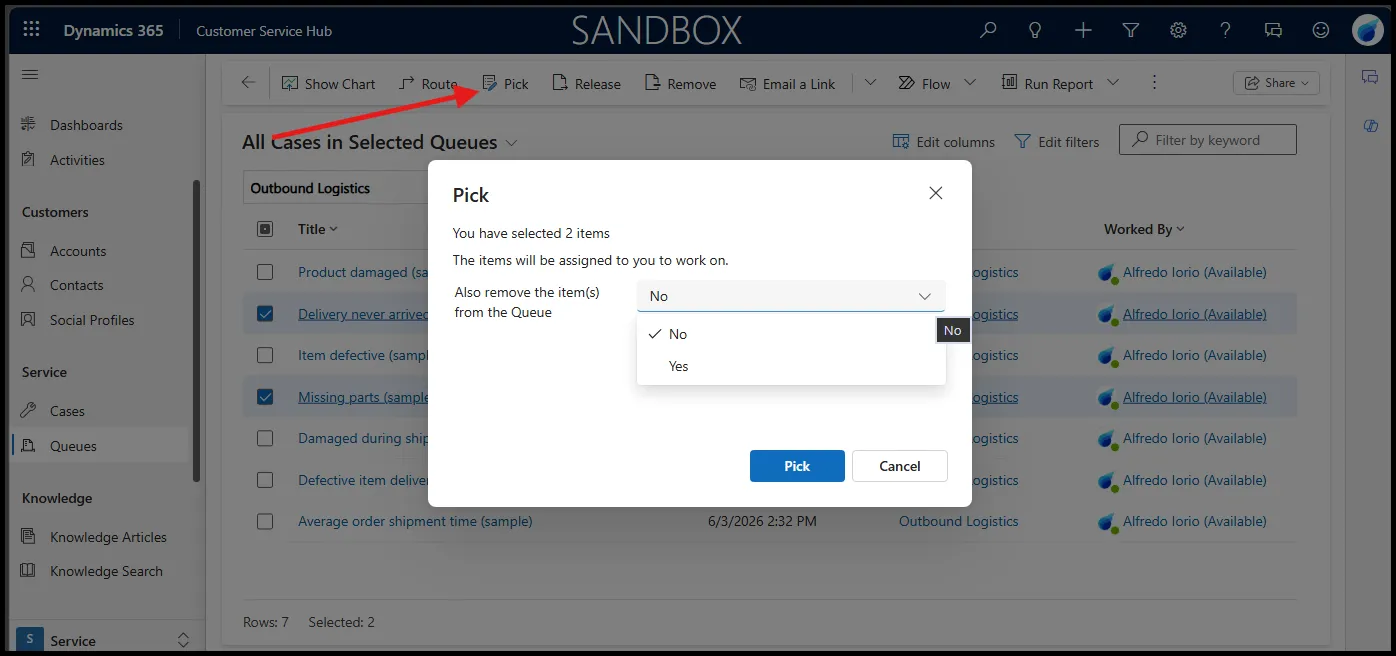 Picking a queue item in Dynamics 365 Customer Service with the remove-from-queue option