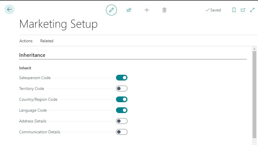 Inheritance FastTab on the Marketing Setup page with toggles for Salesperson Code, Territory Code, Country/Region Code, and Language Code