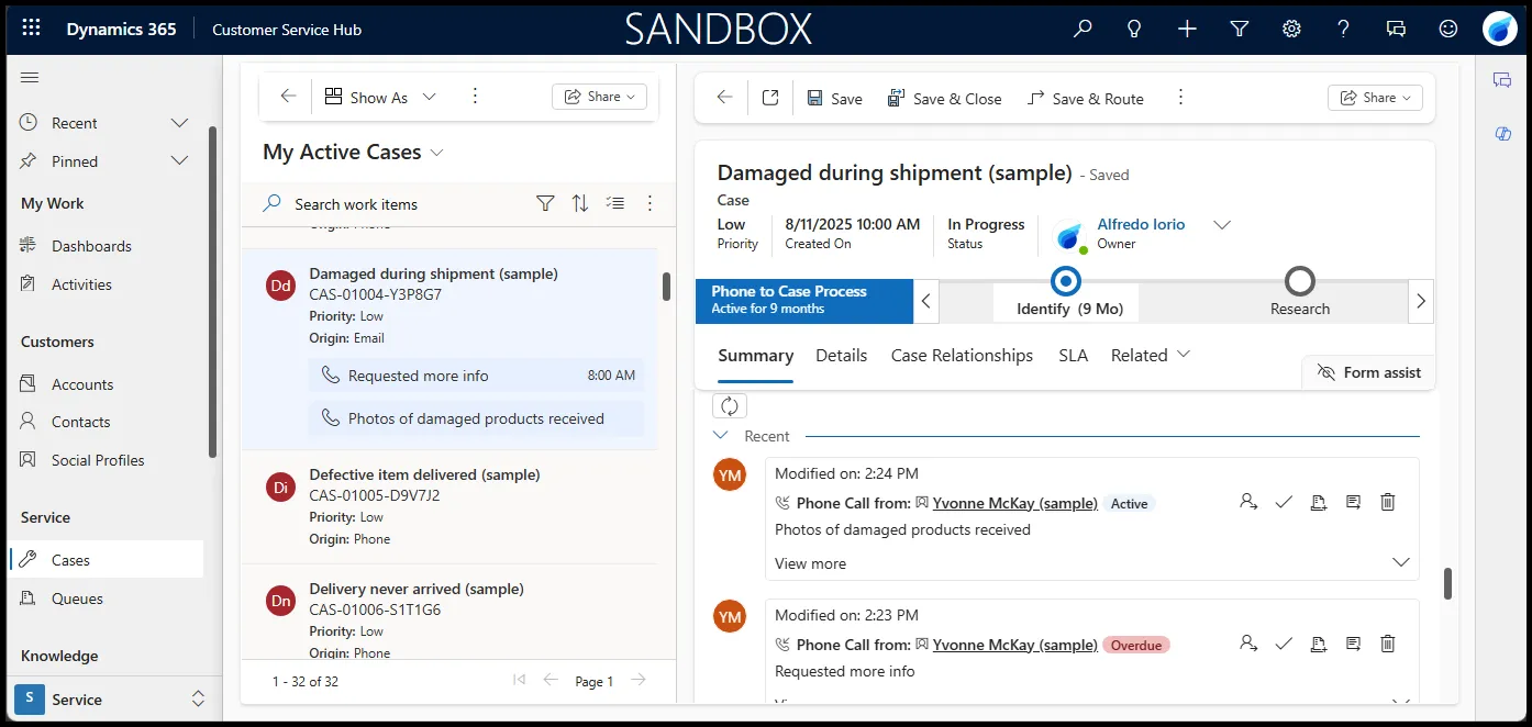Case timeline in Dynamics 365 Customer Service showing logged emails, calls, and notes