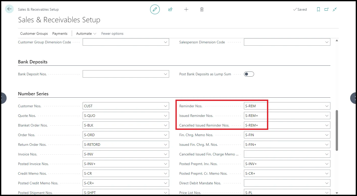 Number Series Setup for Customers Reminders