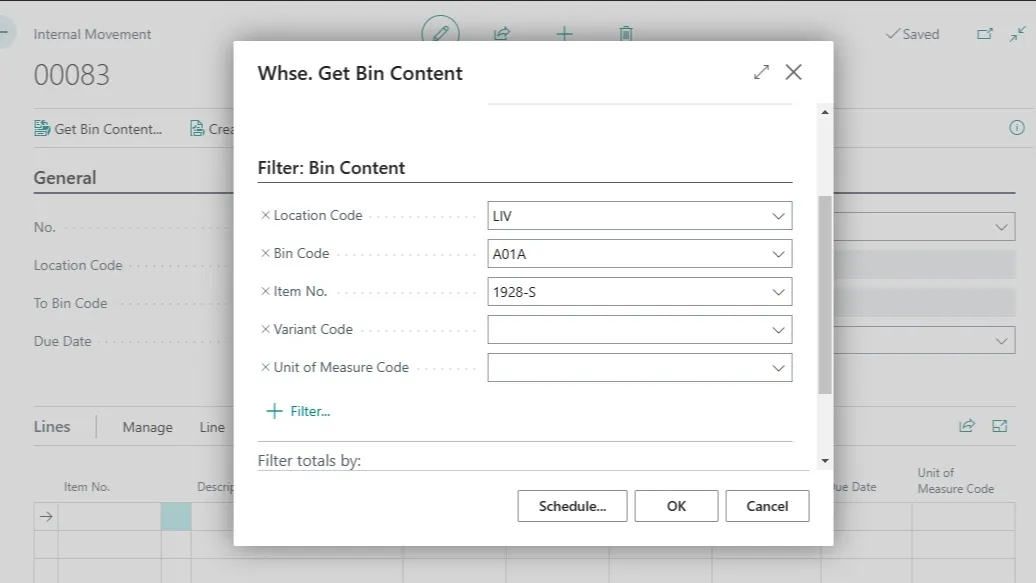 Whse. Get Bin Content request page filtered by location LIV, bin A01A, and item 1928-S
