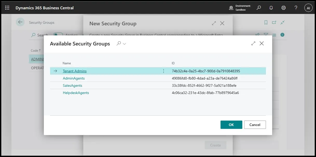 Available Security Groups dialog in Business Central listing Azure security groups including Tenant Admins