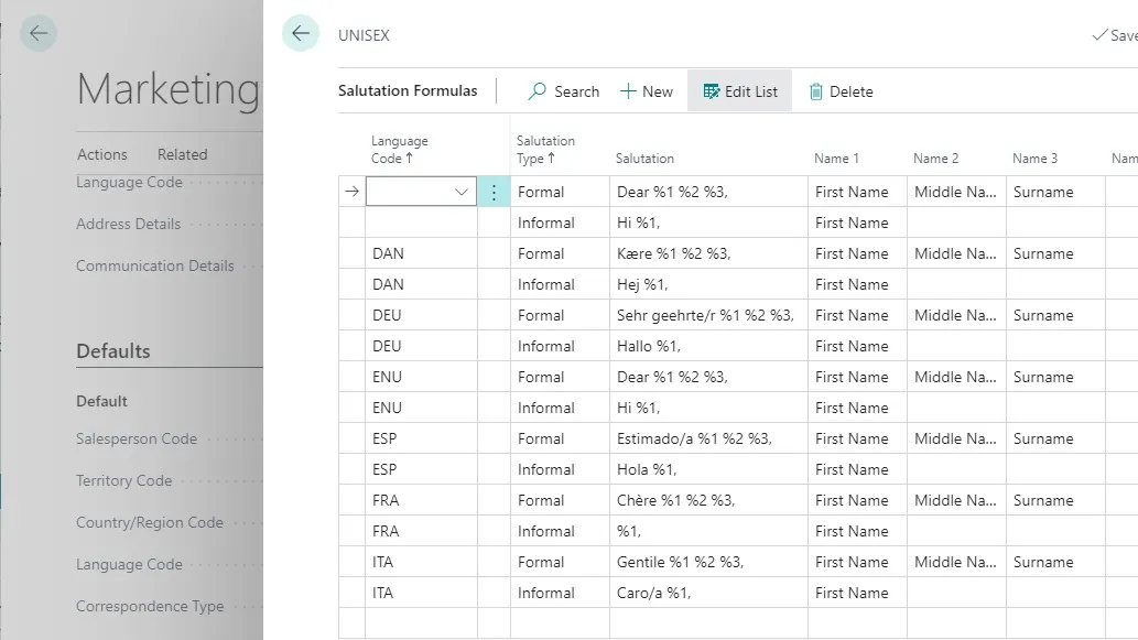 Salutation Formulas list showing formal and informal salutation text by language code