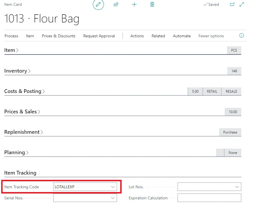 Item Tracking code on the item card