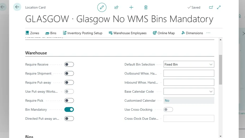 Location card for Glasgow with Require Pick off and Bin Mandatory on, allowing shipment from the order line