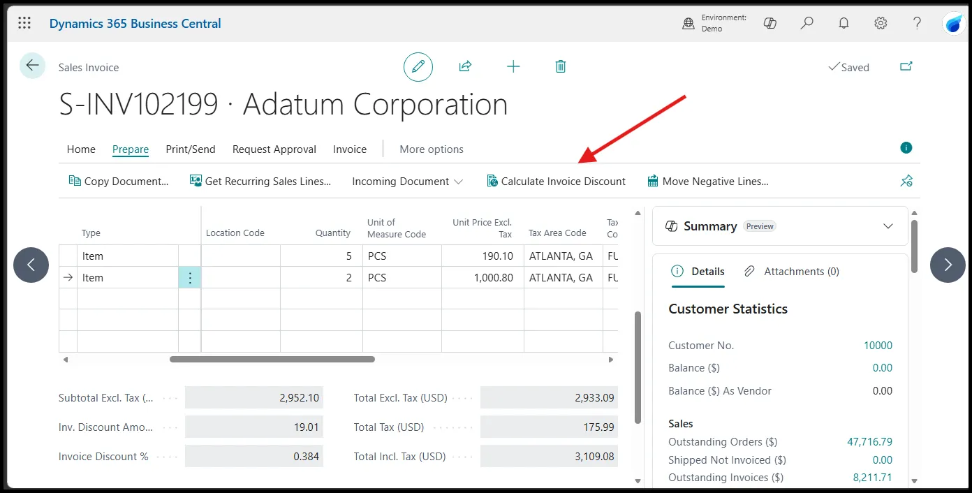 Calculate Invoice Discount on a Sales Invoice document
