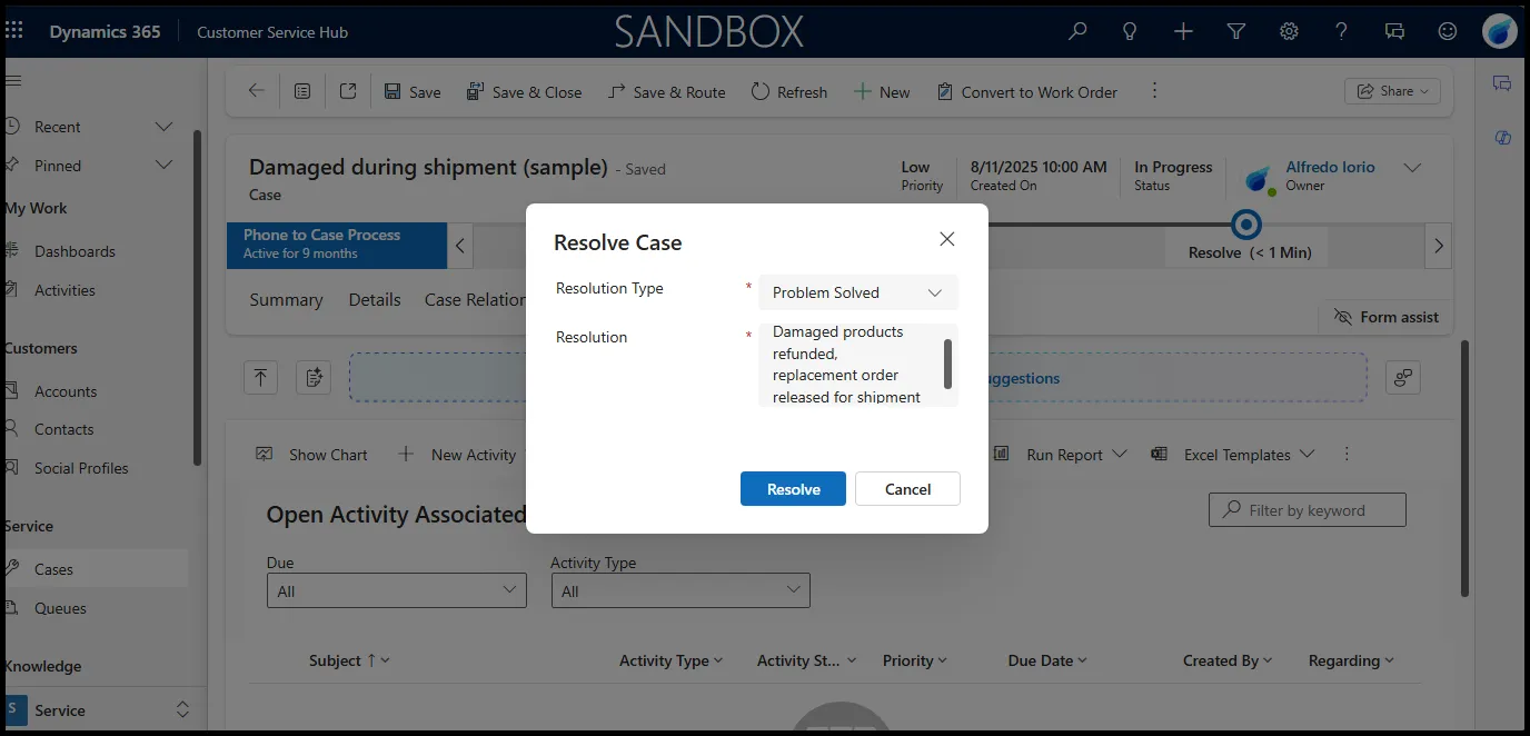 Resolve Case dialog in Dynamics 365 Customer Service.