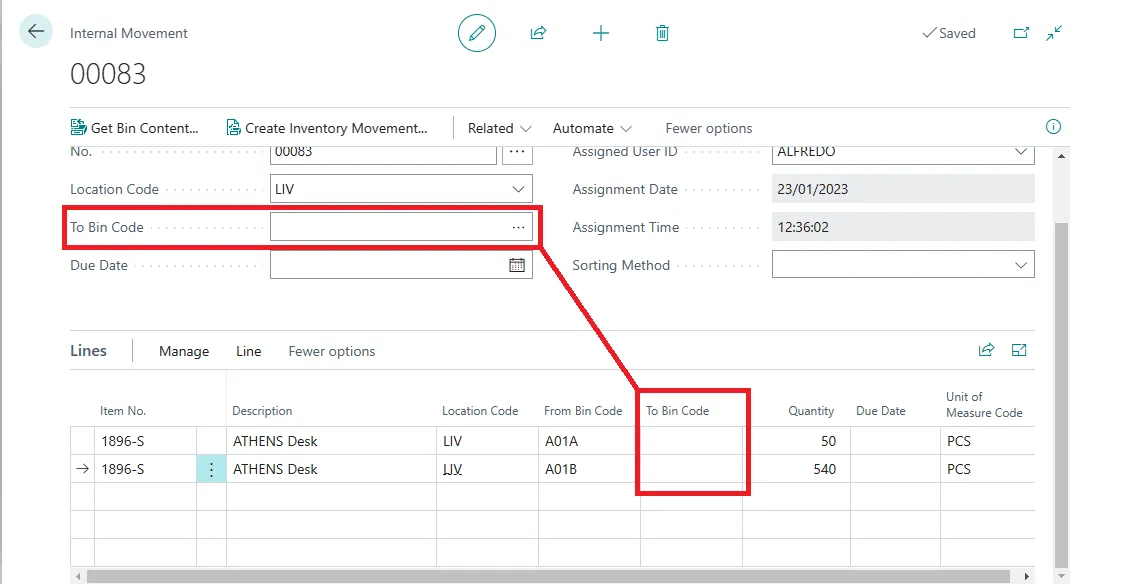 Internal movement with two lines for item 1896-S and an empty To Bin Code field on the header and lines