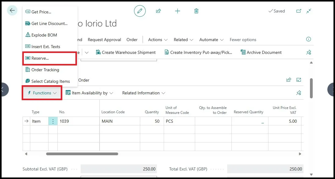Sales order line Functions menu with the Reserve action highlighted