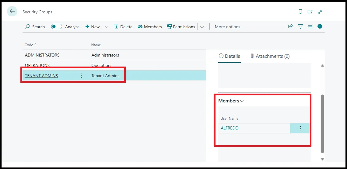 Security Groups list in Business Central showing the Tenant Admins group with its members panel open