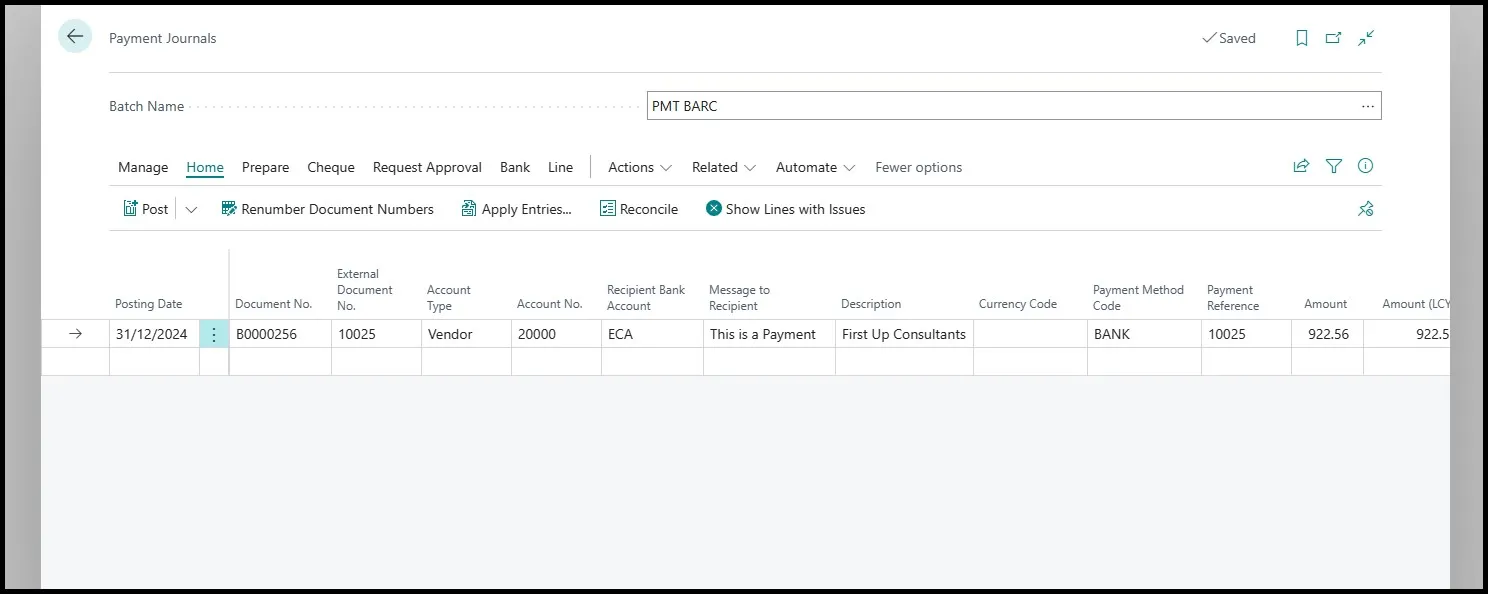 Payment journal line for the PMT BARC batch with vendor, payment reference and amount filled in