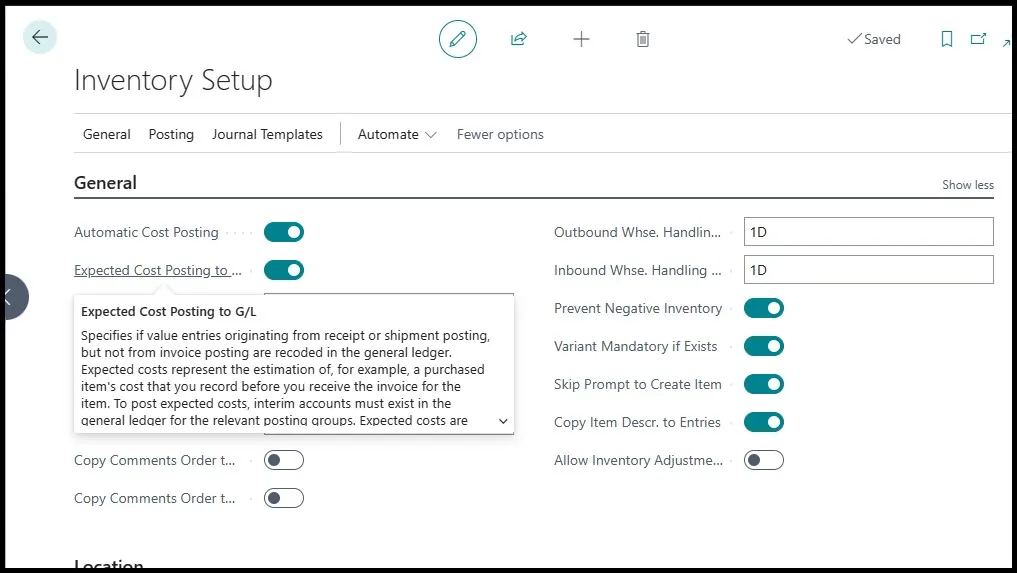 Inventory Setup page
