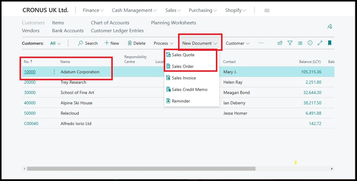 Create a new document from sales orders list page