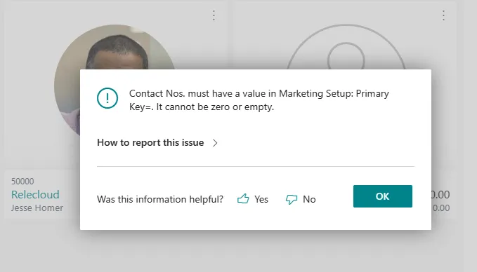 Error dialog stating Contact Nos. must have a value in Marketing Setup and cannot be zero or empty