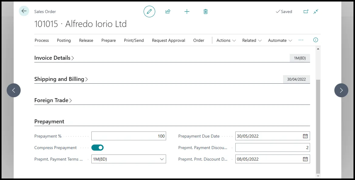 Sales Order with Prepayment %