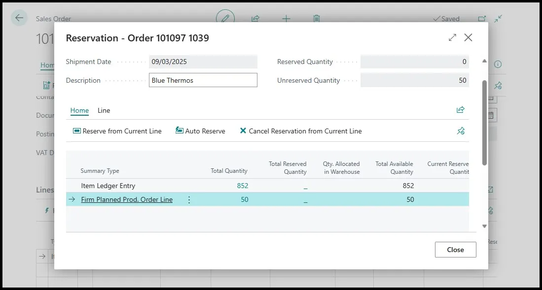 Reservation page for a sales order line listing an Item Ledger Entry and a Firm Planned Prod. Order Line as supply