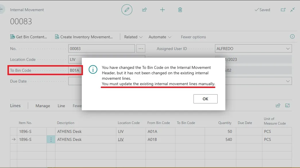 Message confirming the To Bin Code was changed on the internal movement header but not on the existing lines
