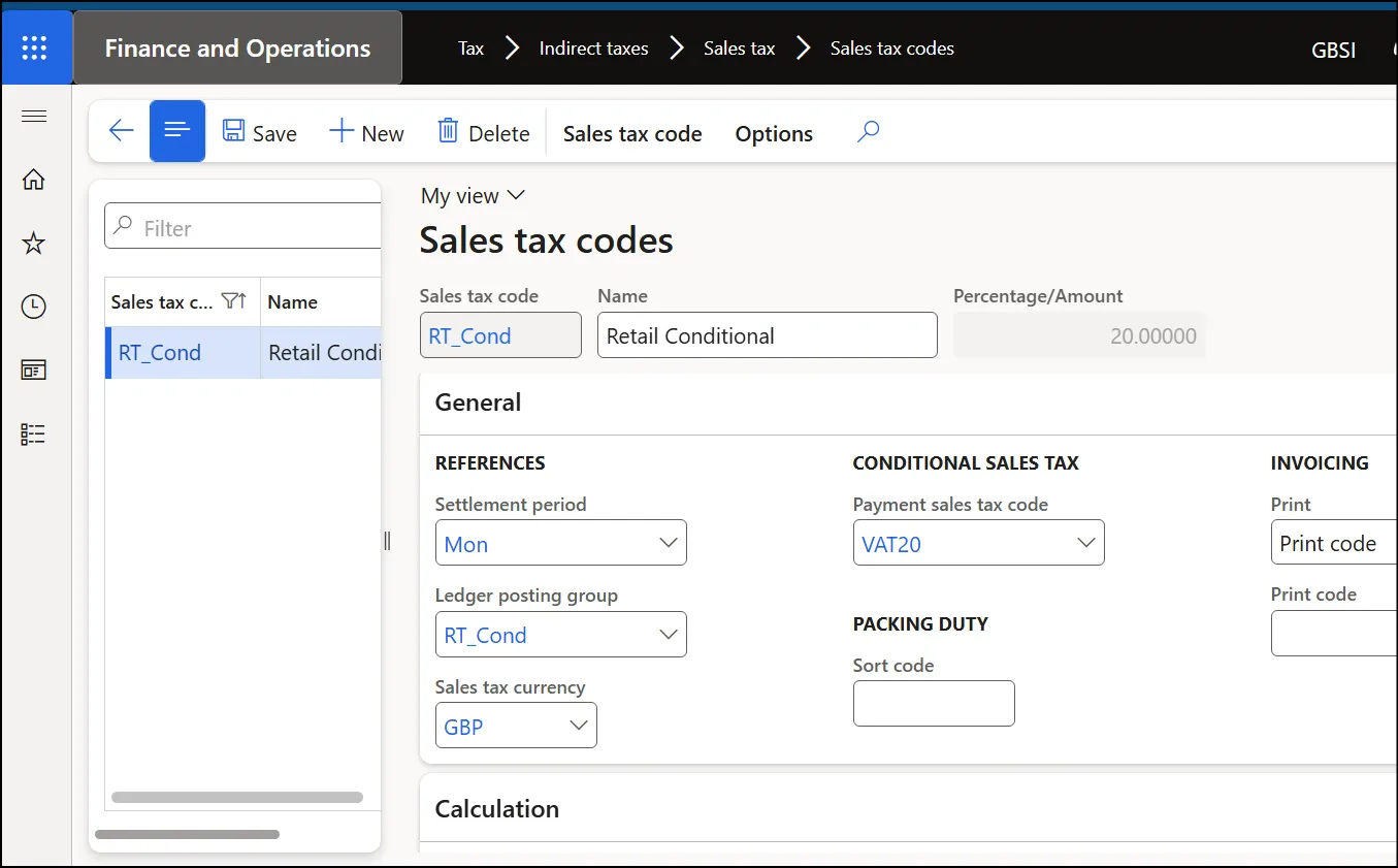 Sales tax codes list showing the new RT_Cond Retail Conditional code with settlement period and ledger posting group set
