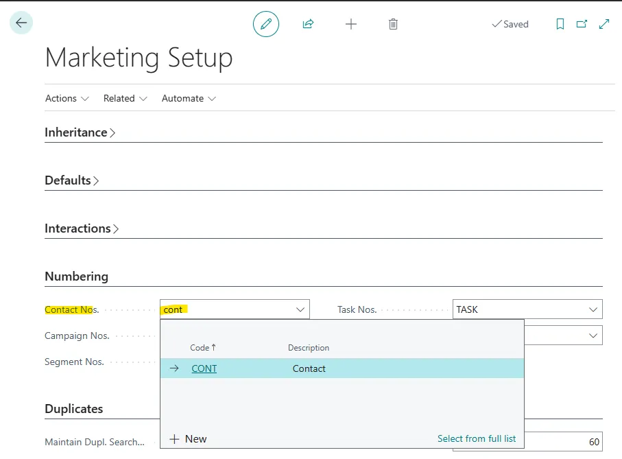 Marketing Setup Numbering section with the Contact Nos. field set to the CONT number series