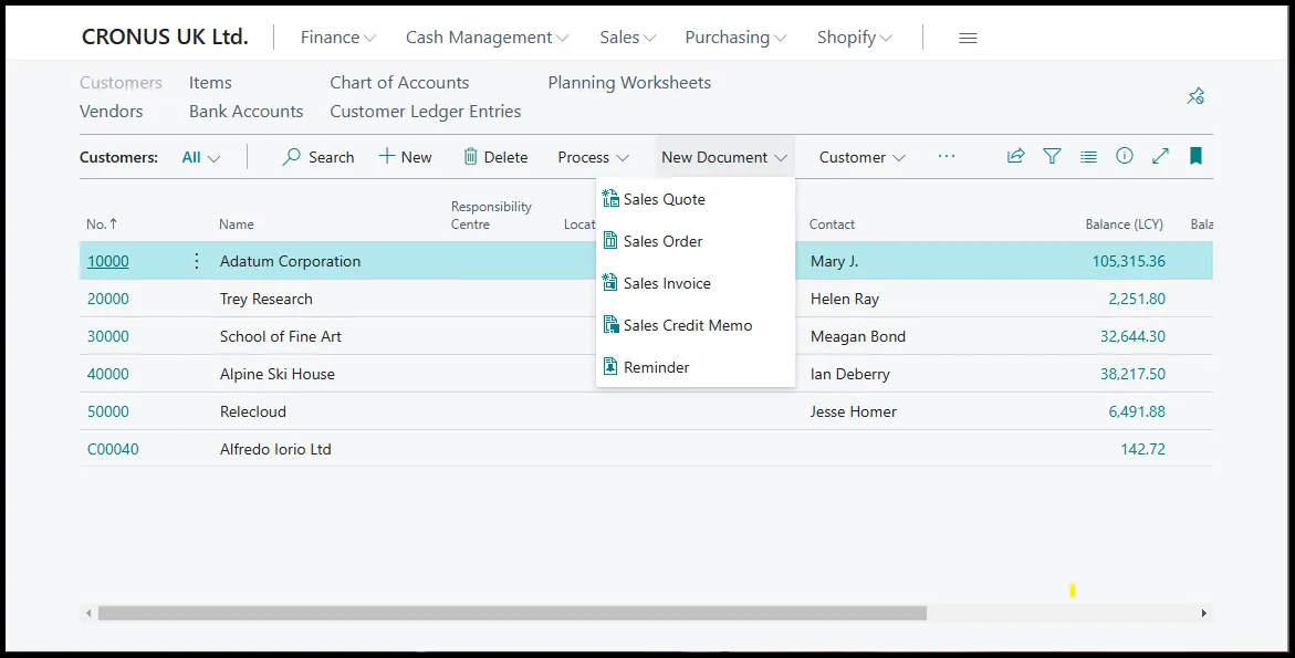 Create new document action from the customer list page