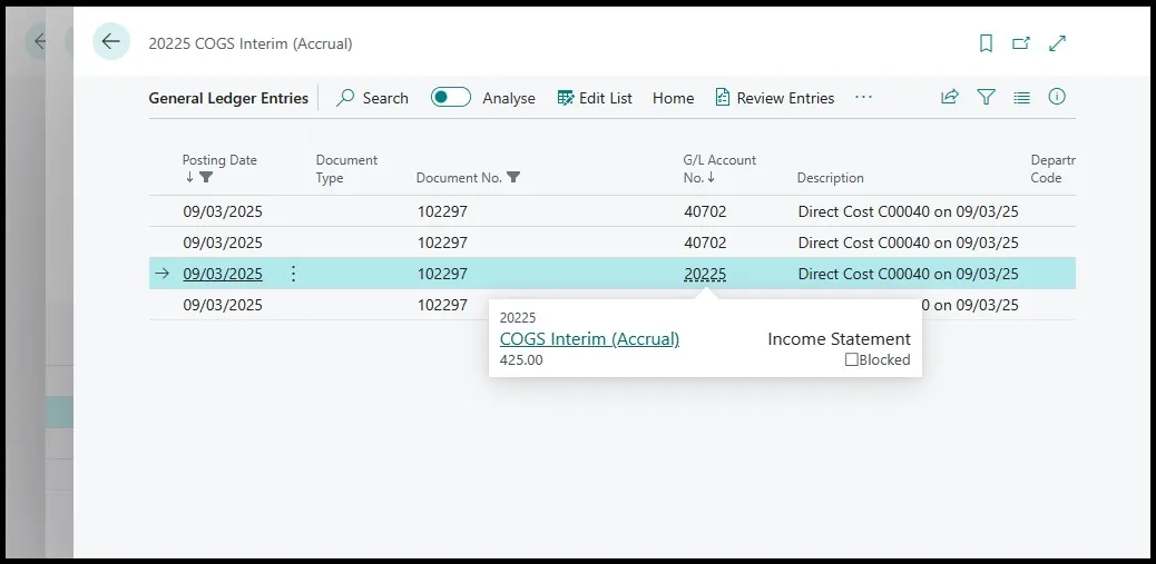 General Ledger Entries page