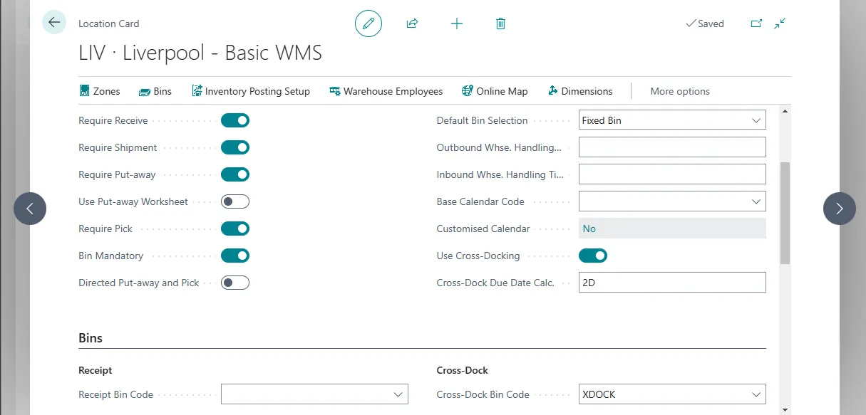 Location card for Liverpool Basic WMS with Use Cross-Docking on and Cross-Dock Due Date Calc. set to 2D