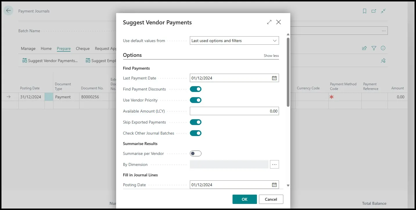 Suggest Vendor Payments request page with Find Payments and Summarise Results options expanded