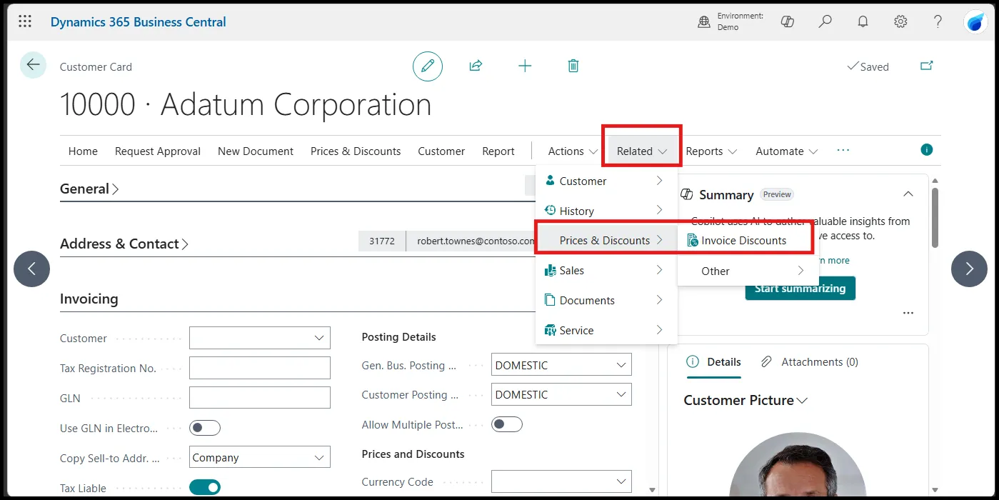 Find Invoice Discounts on a Customer Card