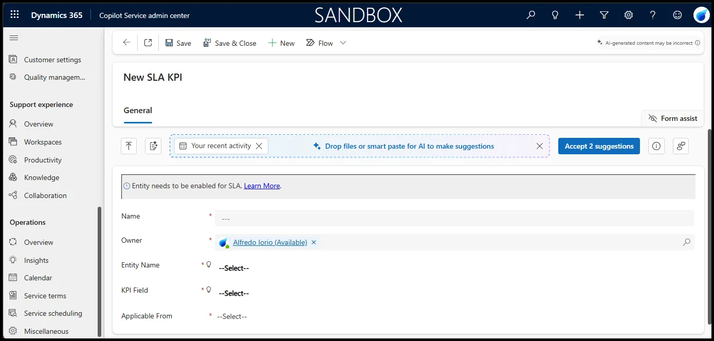 Creating an SLA KPI in the Copilot Service admin center.