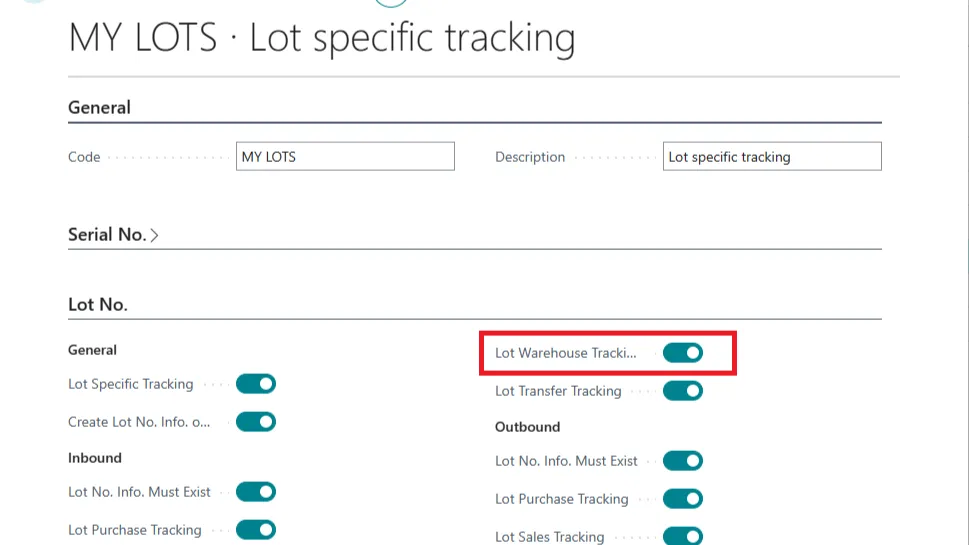 MY LOTS item tracking code card with the Lot Warehouse Tracking field highlighted