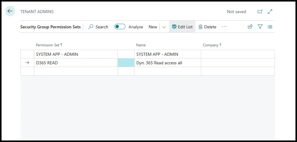 Security Group Permission Sets list for Tenant Admins with SYSTEM APP - ADMIN and D365 READ assigned